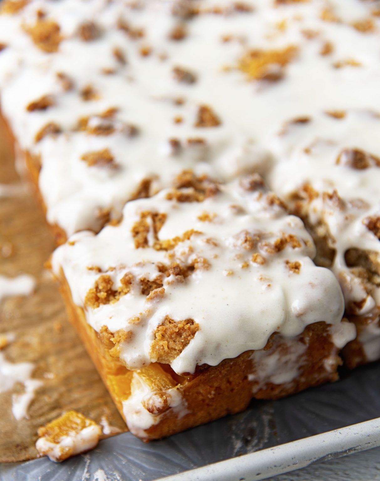 Brown butter peach crumb cake with brown butter glaze