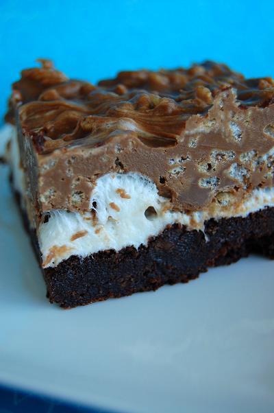 Side shot of the Marshmallow Crunch Peanut Butter Brownie Bars