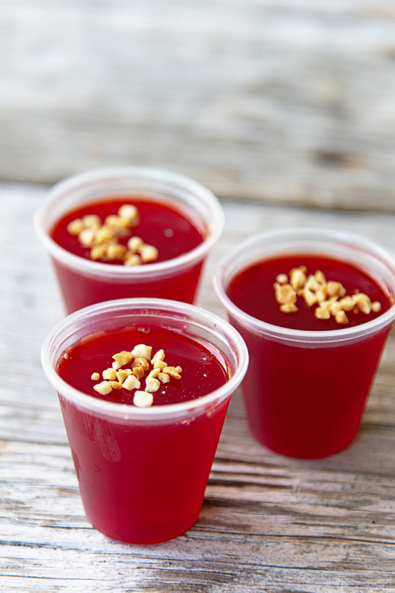 Peanut Butter Raspberry Jello Shots with Skrewball and Chambord
