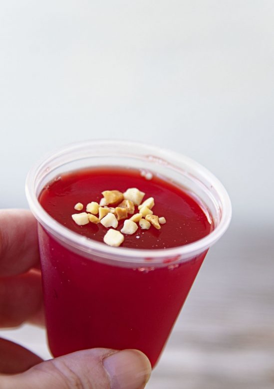 Peanut Butter Raspberry Jello Shots with Skrewball and Chambord