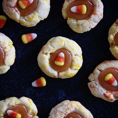 Candy Corn Caramel Thumbprint Cookies #HalloweenTreatsWeek