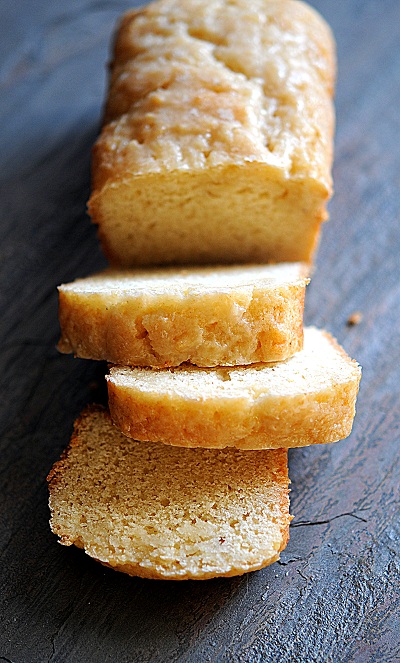 Eggnog Quick Bread sliced and cascading down. 