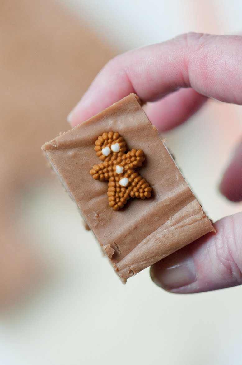 Close up shot of the gingerbread man decoration on the fudge. 