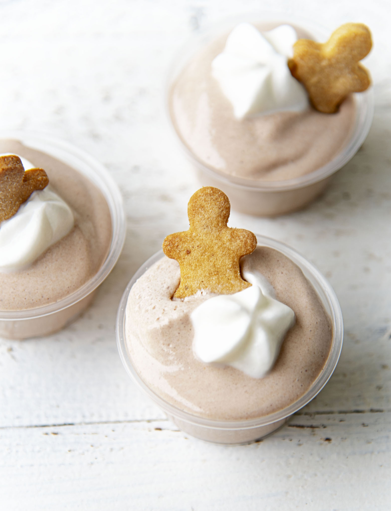 Overhead shot of three Chocolate Gingerbread Pudding Shots