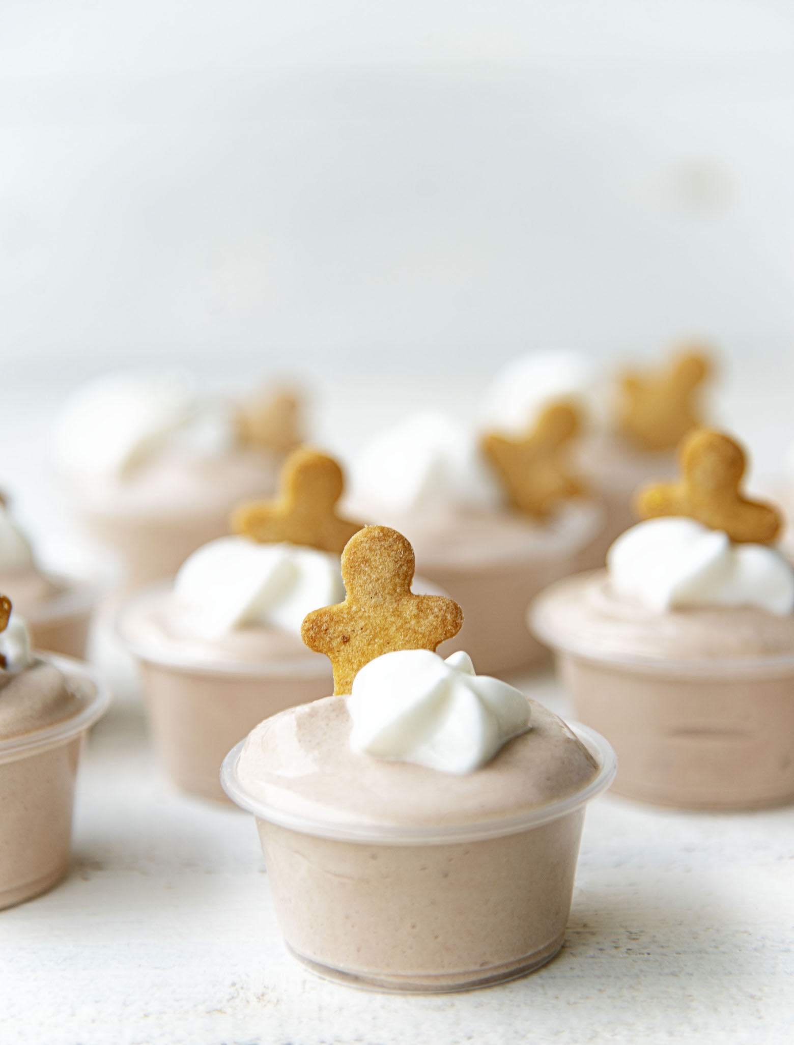 Side view of a bunch of Chocolate Gingerbread Pudding Shots