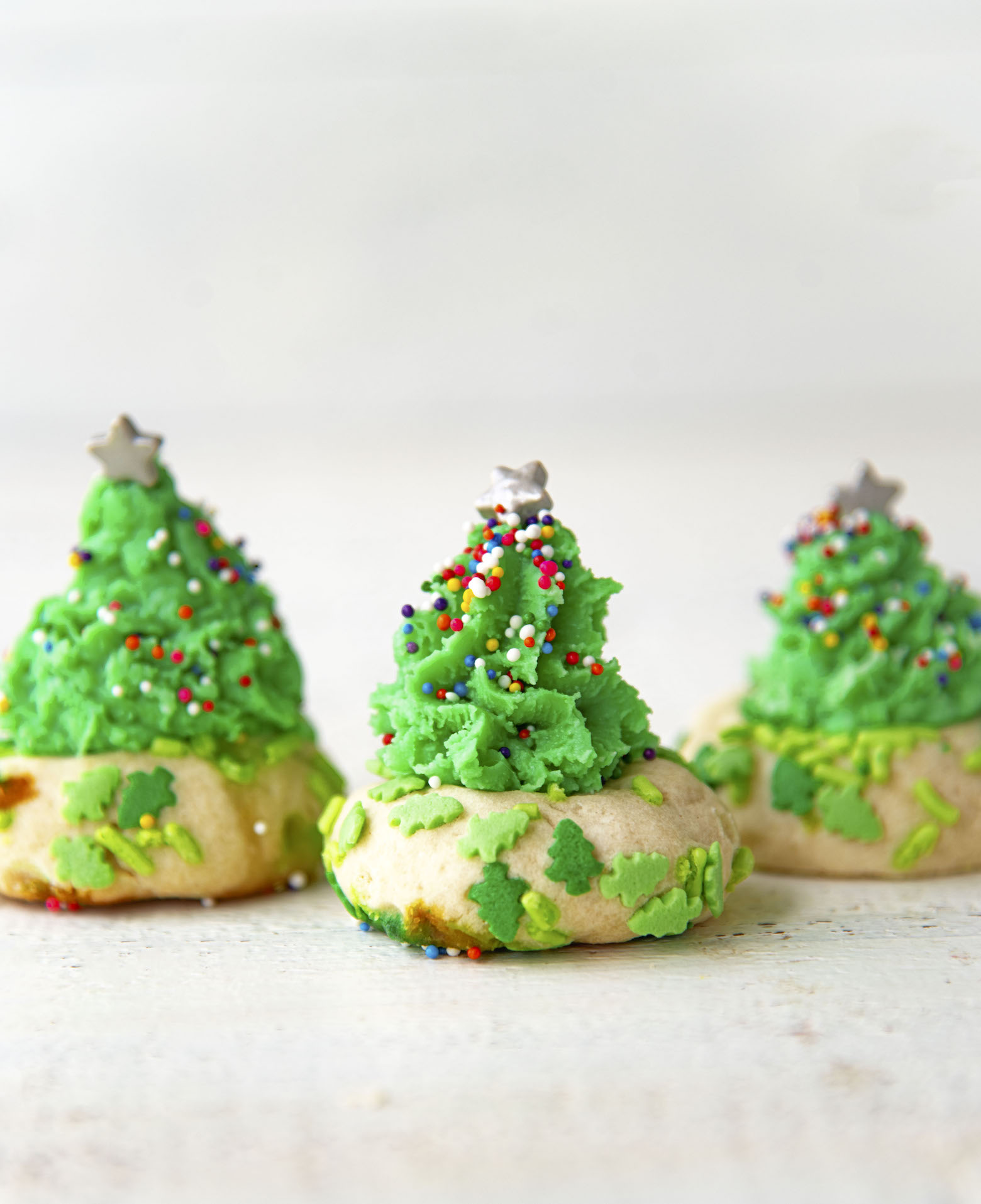 Side view of the fudge version of the Christmas Tree Thumbprint Cookies.