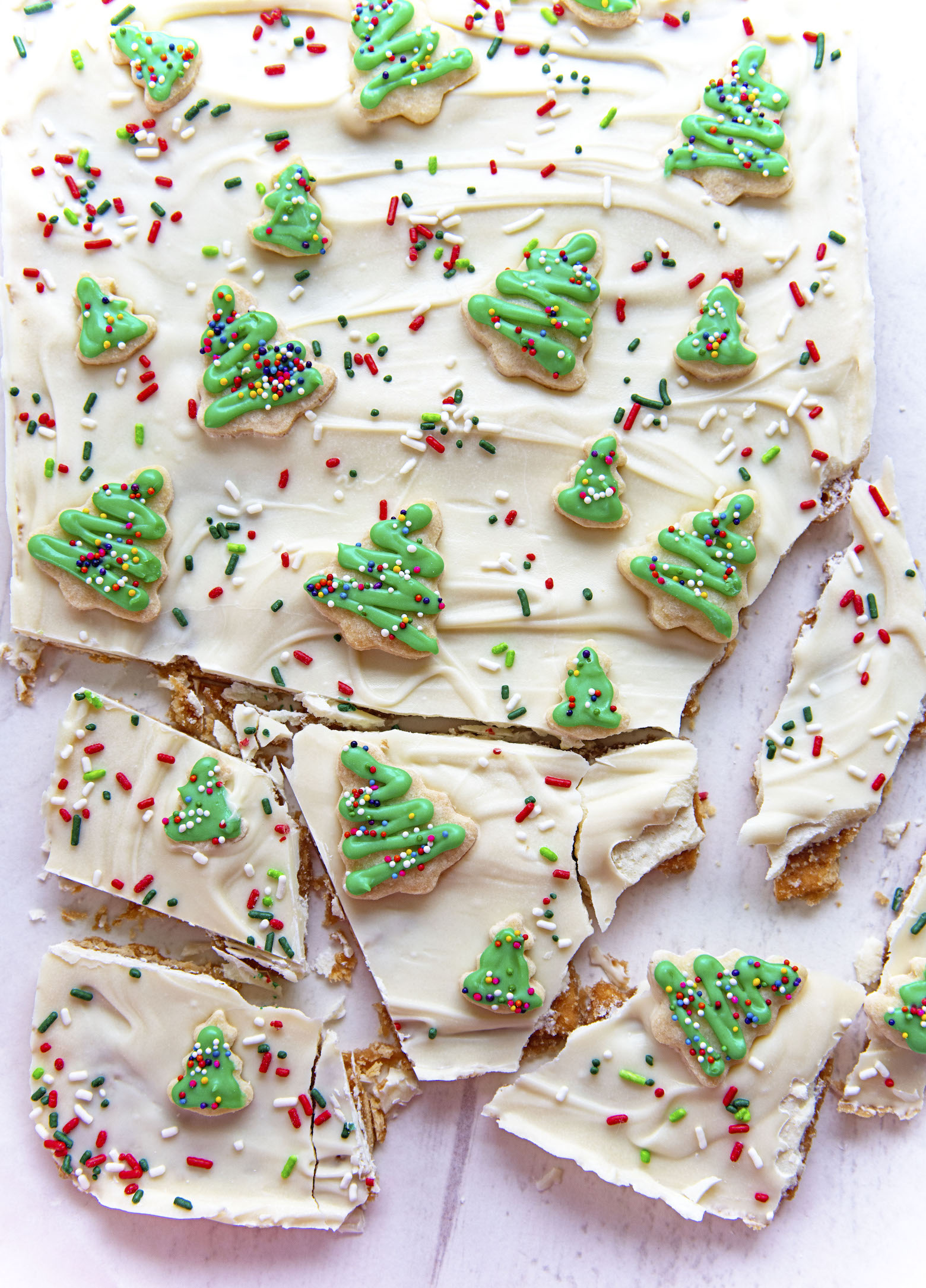 Overhead shot of the cracker toffee with broken pieces.