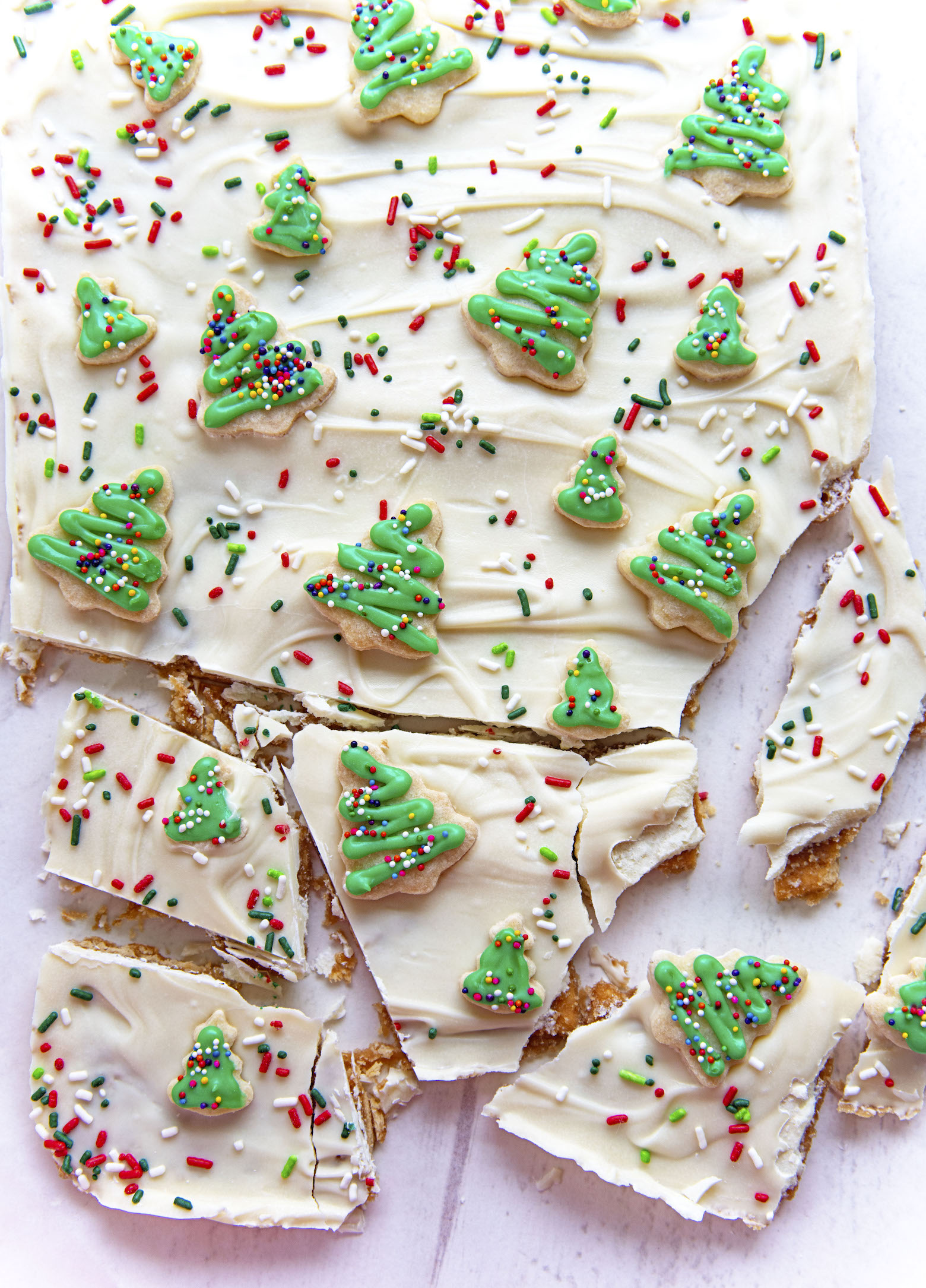 Overhead shot of the cracker toffee with broken pieces. 