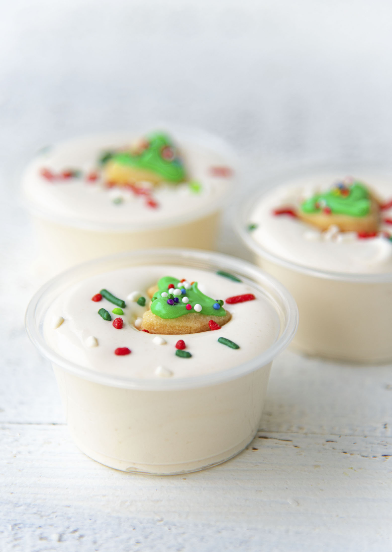 Side view of three Sugar Cookie Pudding Shots