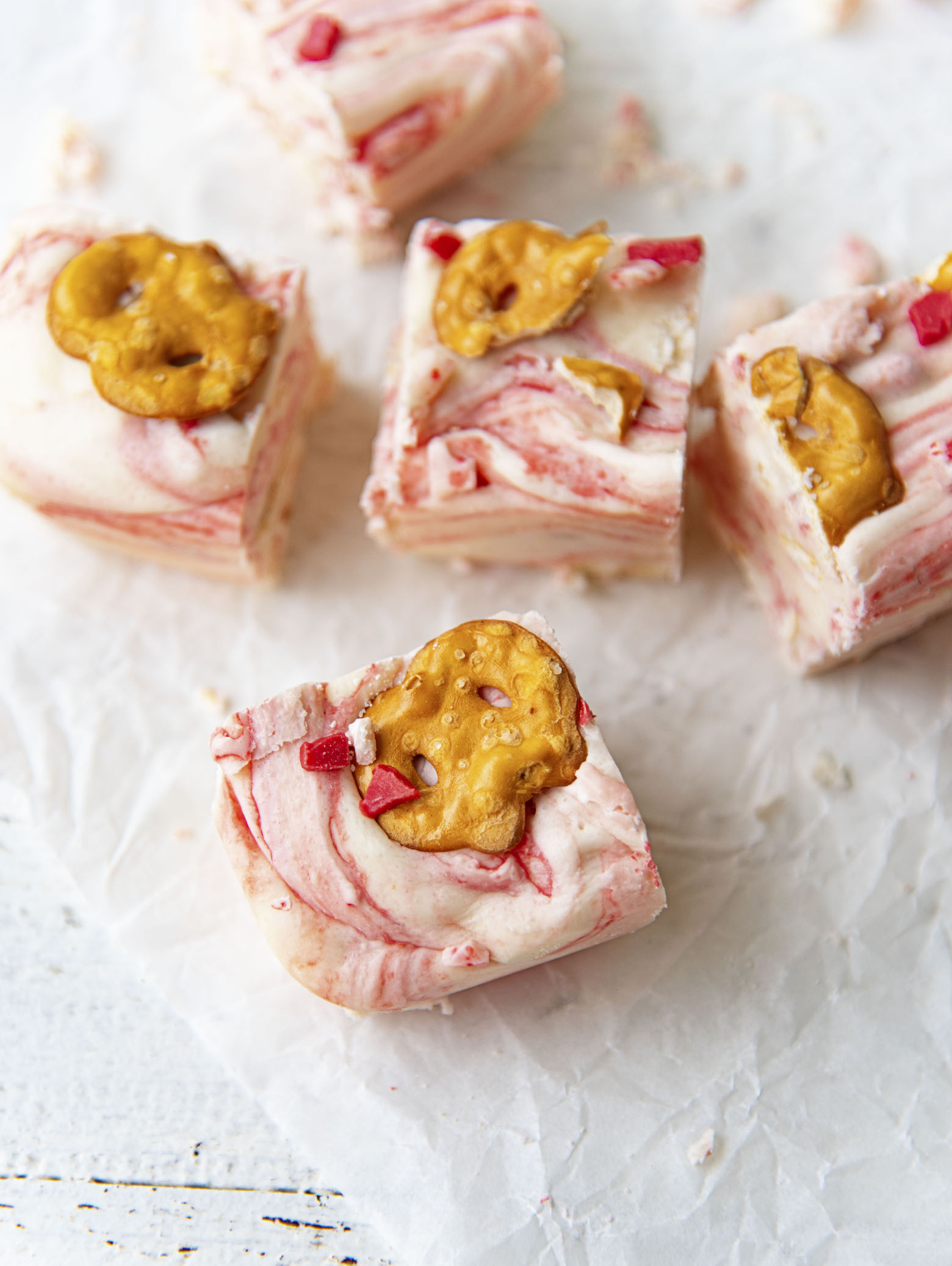 Close up of five pieces of the fudge with focus on the first piece of fudge. 