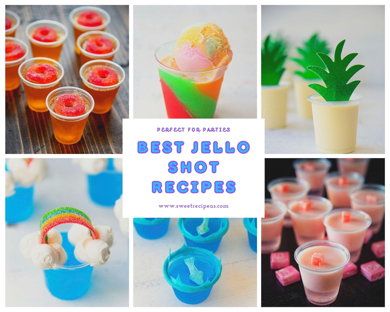 Collage picture with various shots and a sign that says Best Jello Shot Recipes 