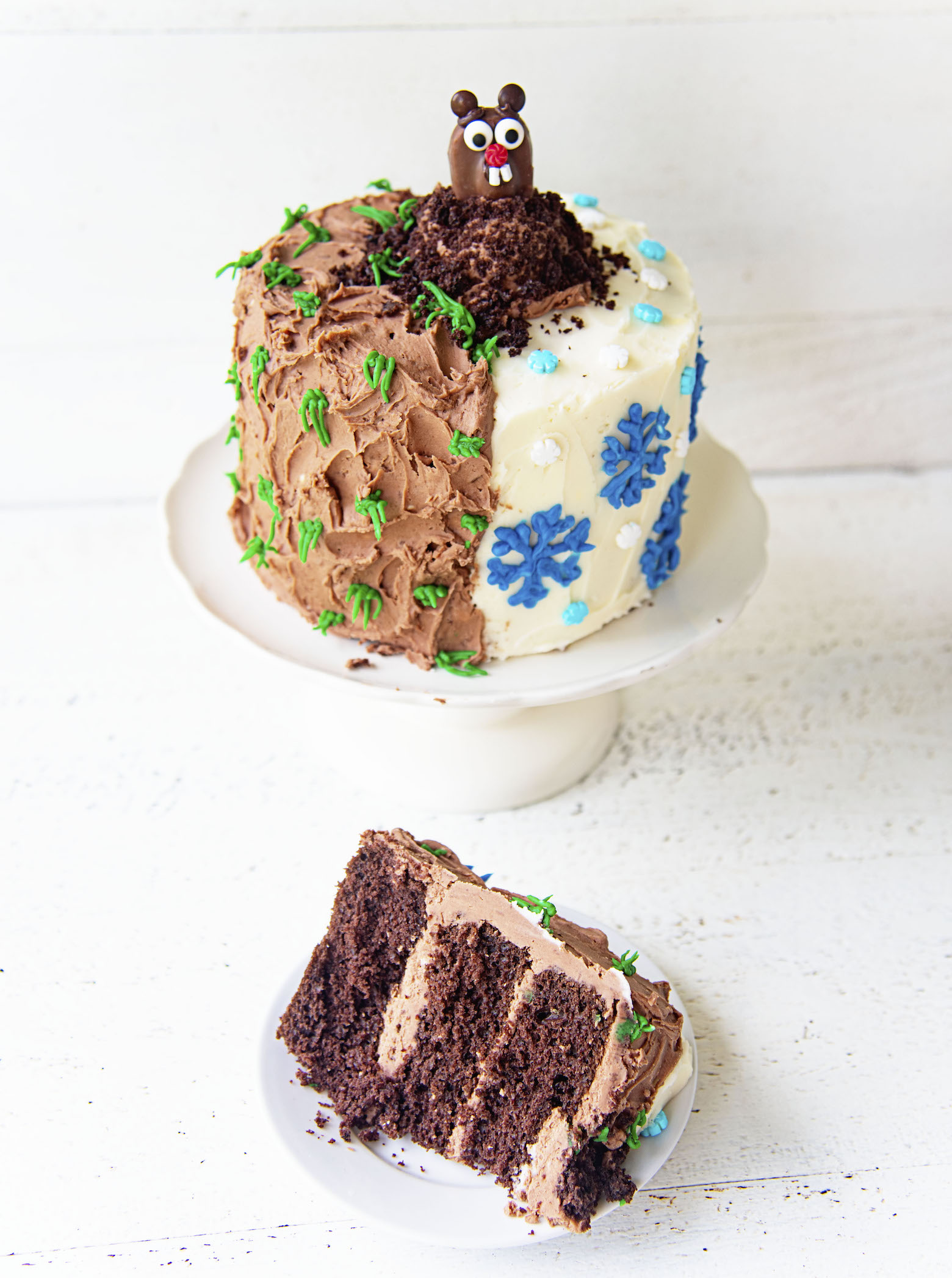 Overhead view of the cake with a slice removed and on a plate. 