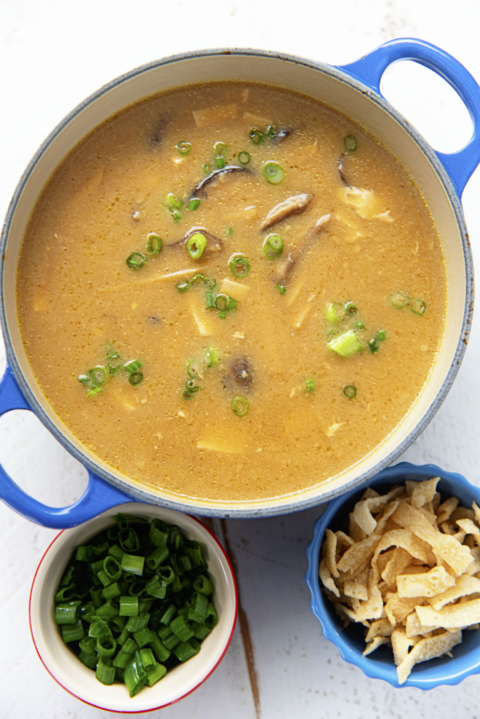 Overhead shot of Vegetarian Hot and Sour Soup with a bowl of green onions and wonton strips. 