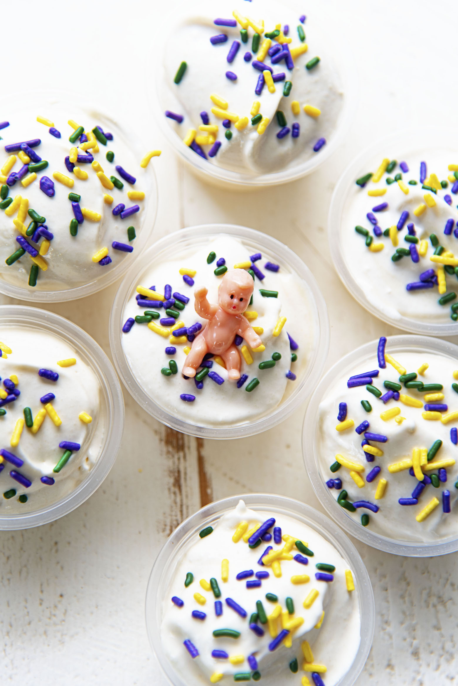 Overhead shot of King Cake Pudding Shots