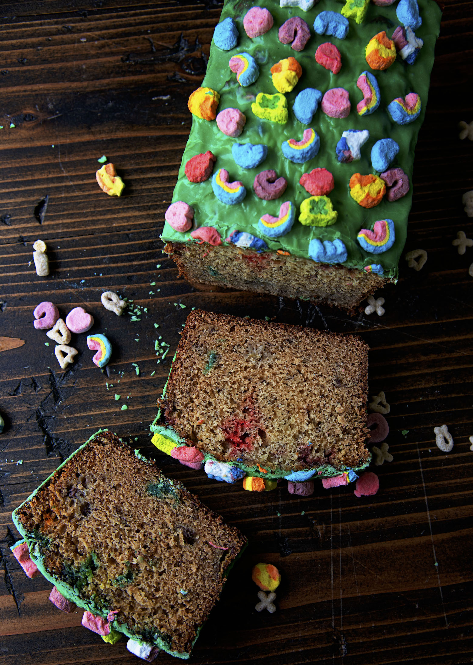 Overhead shot of sliced Lucky Charms Banana Bread