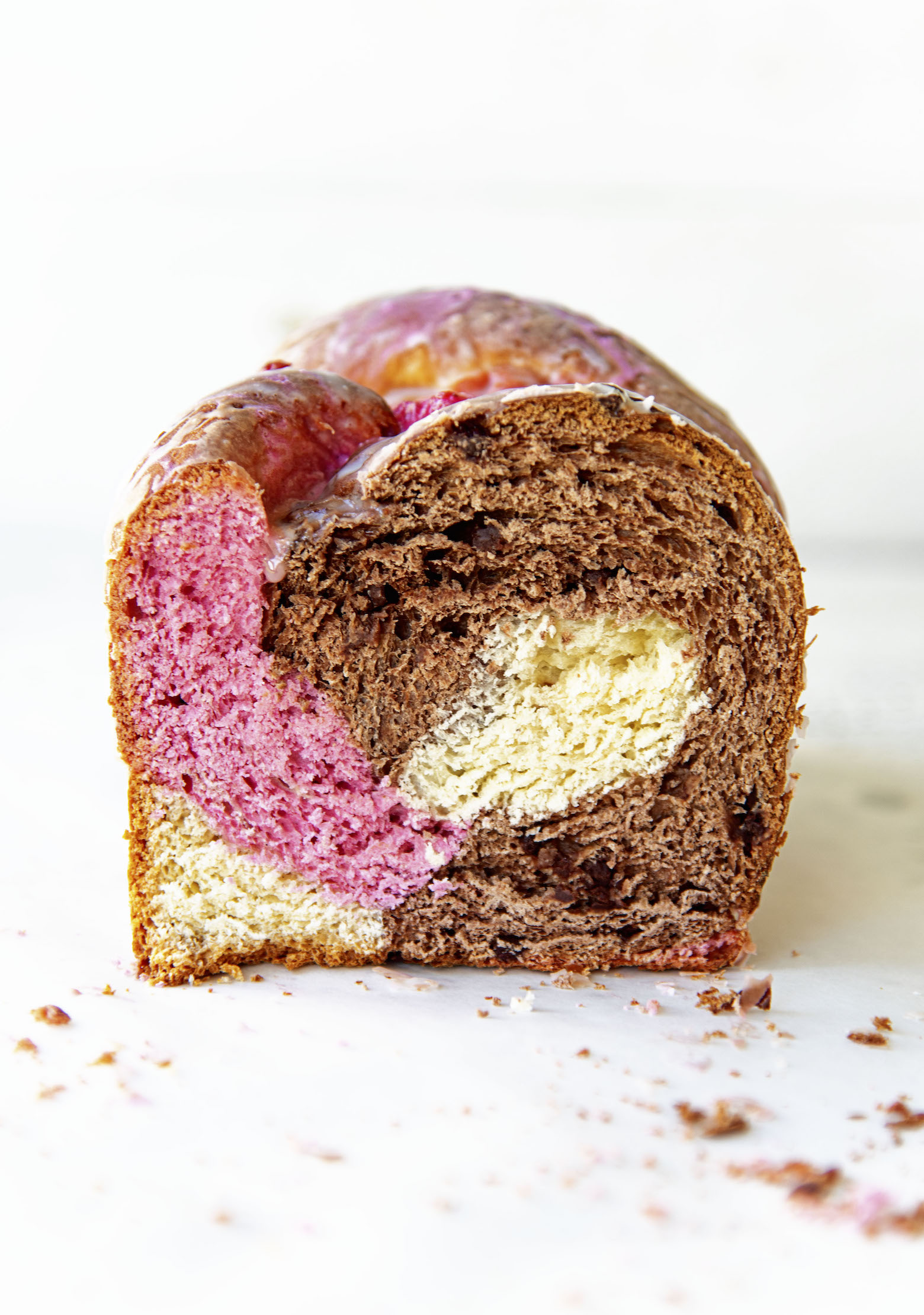 Close up shot of the inside of a cut Neapolitan Ice Cream Babka