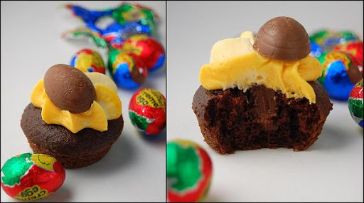 Side by side photos of mini Cadbury Creme Egg Cupcakes one with a bit out of it.