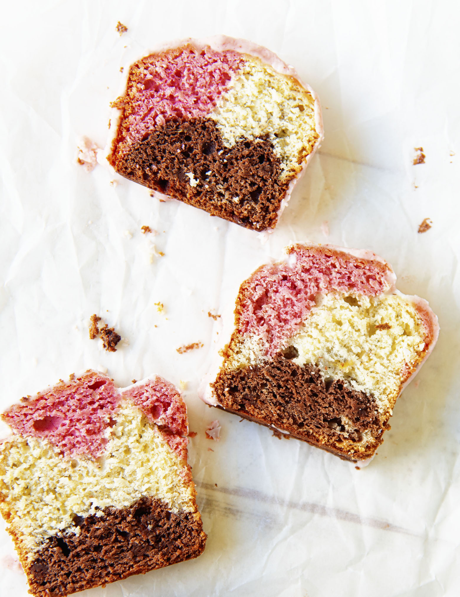 Overhead view of three slices of Neapolitan Banana Bread 