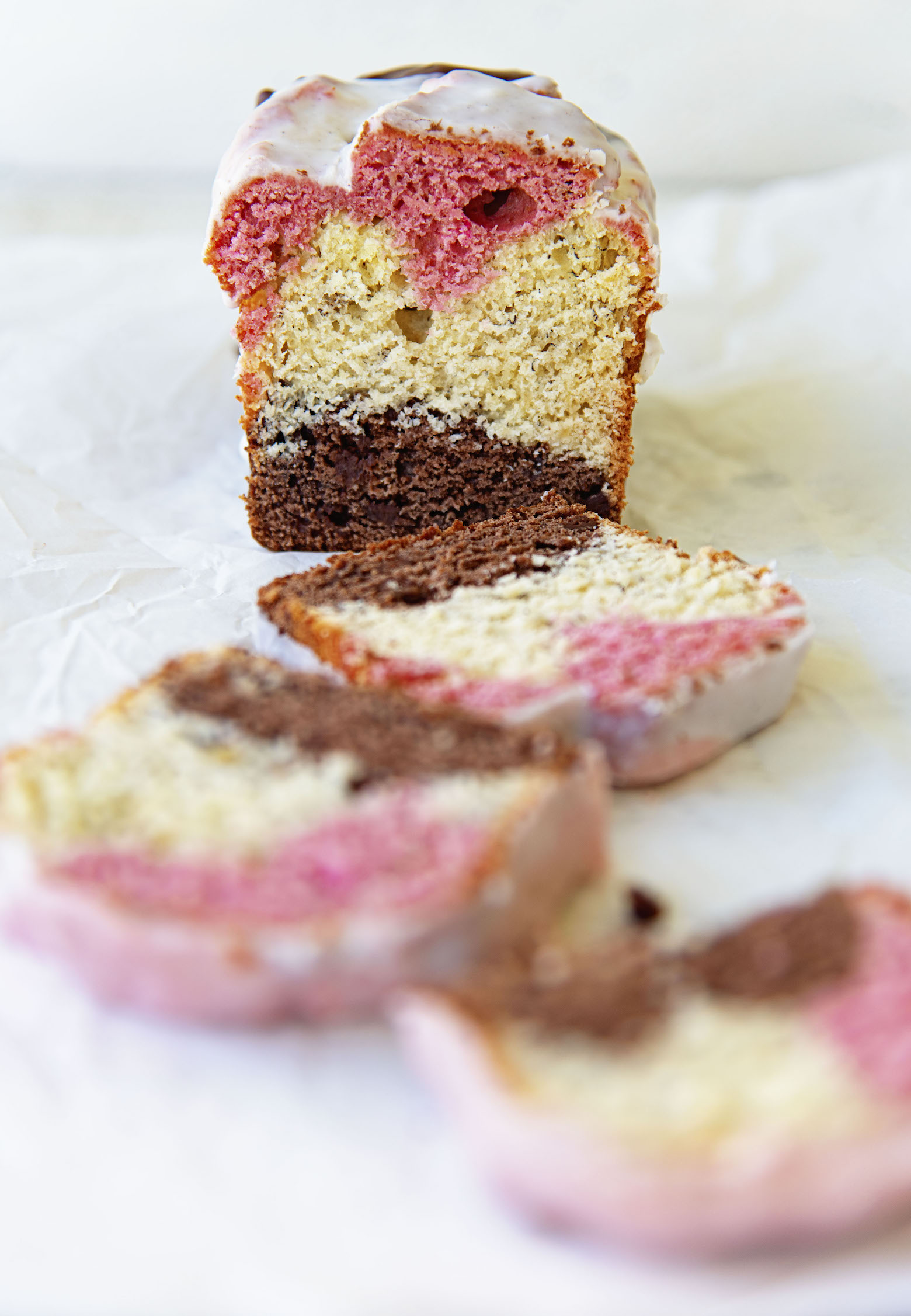 Side view of cut Neapolitan Banana Bread 