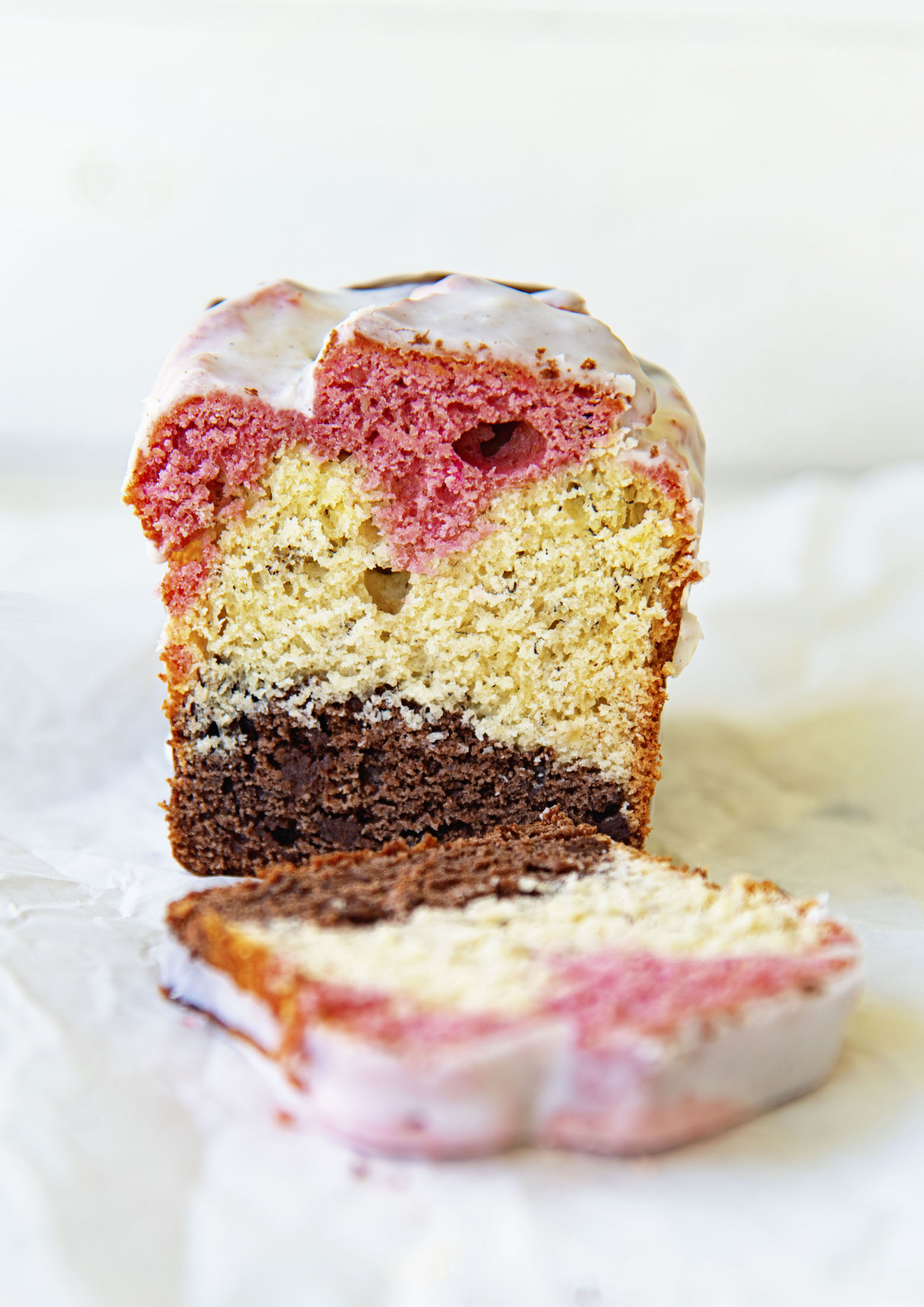 Side view of cut Neapolitan Banana Bread 