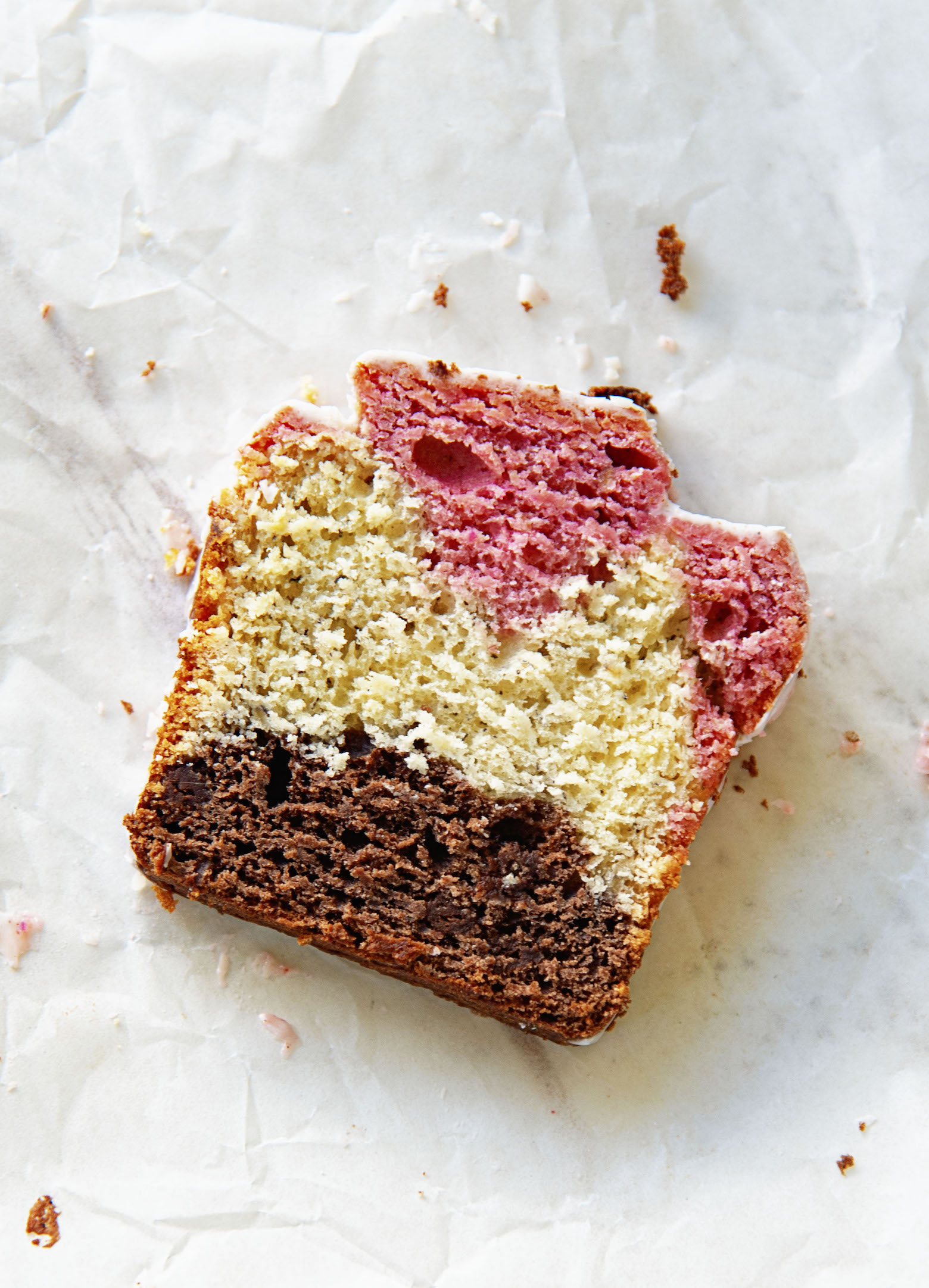 Overhead shot of single piece of Neapolitan Banana Bread 