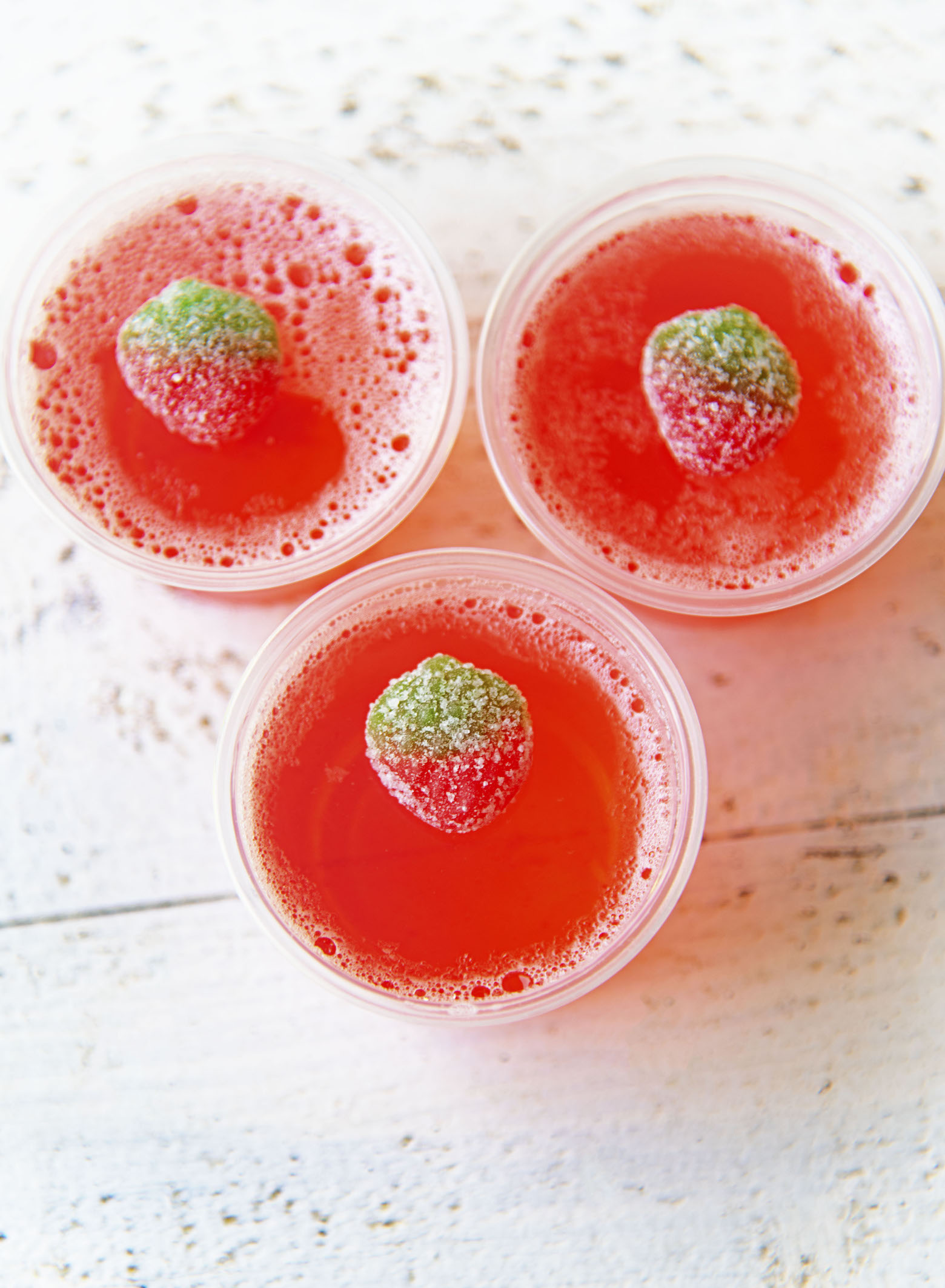 Overhead shot of three Strawberry Lemonade Jello Shots