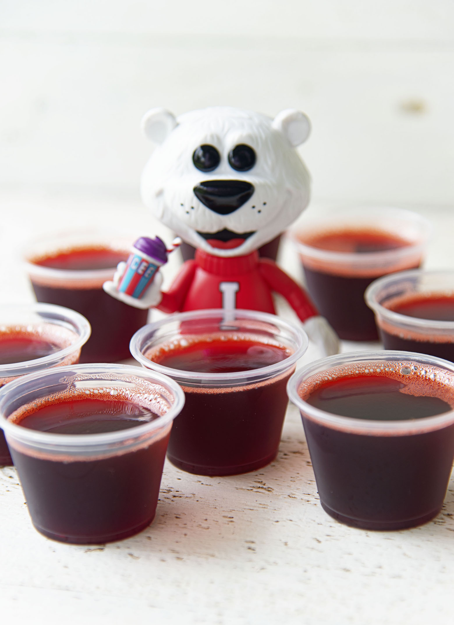 Grouping of jello shots with Icee mascot figurine