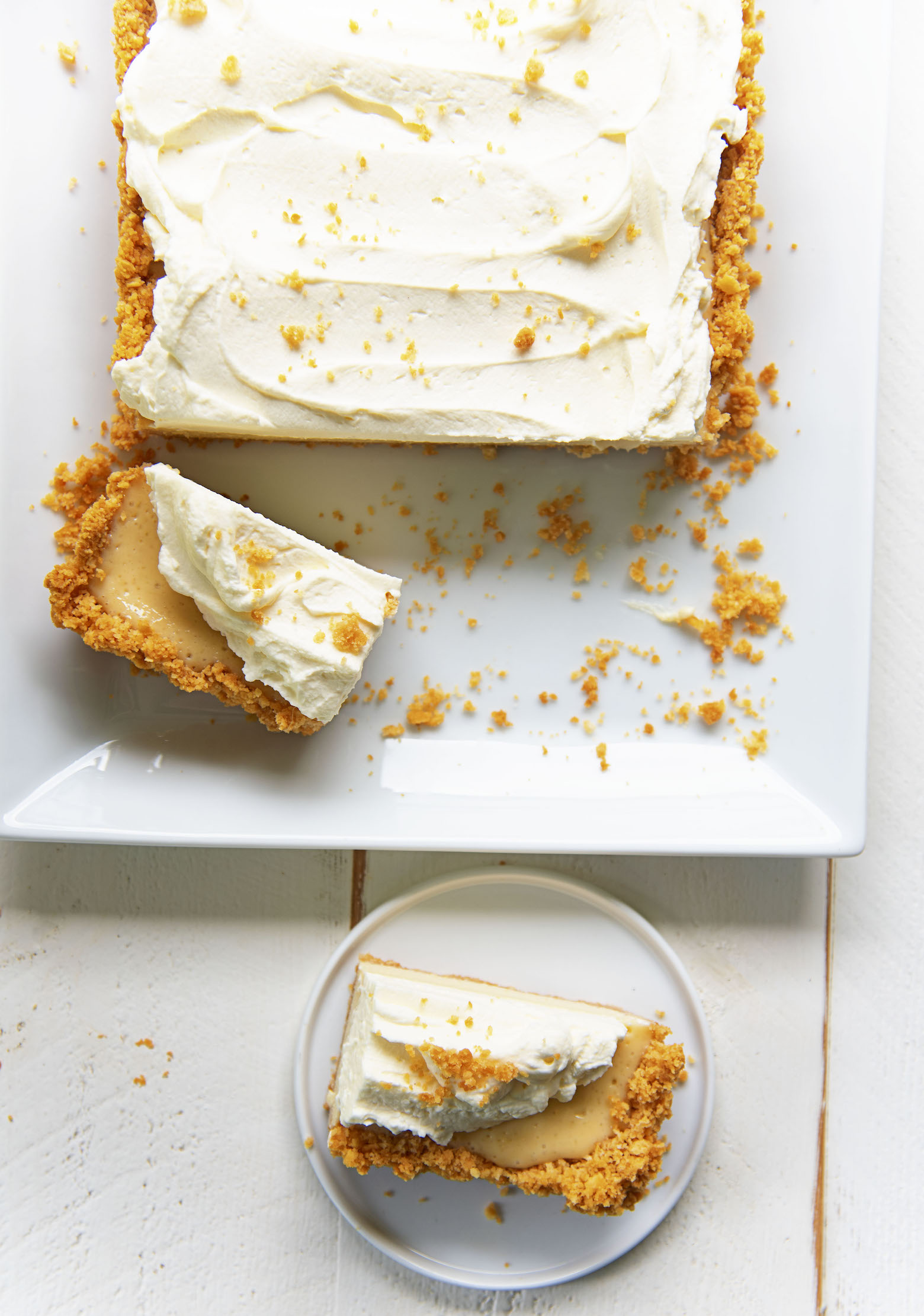 Overhead shot of Atlantic Beach Tart with a piece cut out and on a plate. 