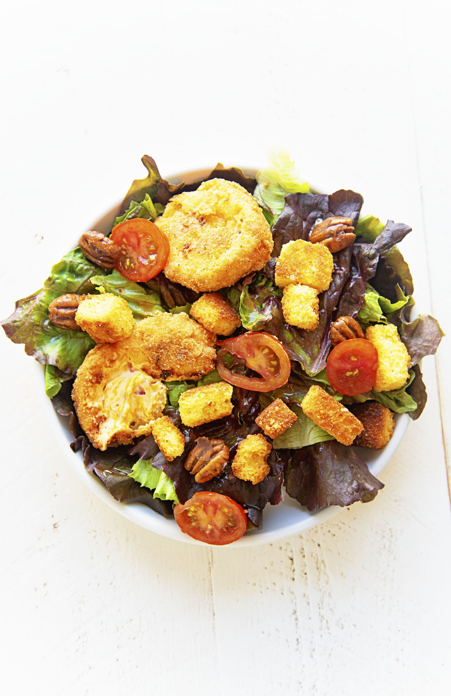 Overhead shot of the whole Fried Pimento Cheese Salad on a plate.