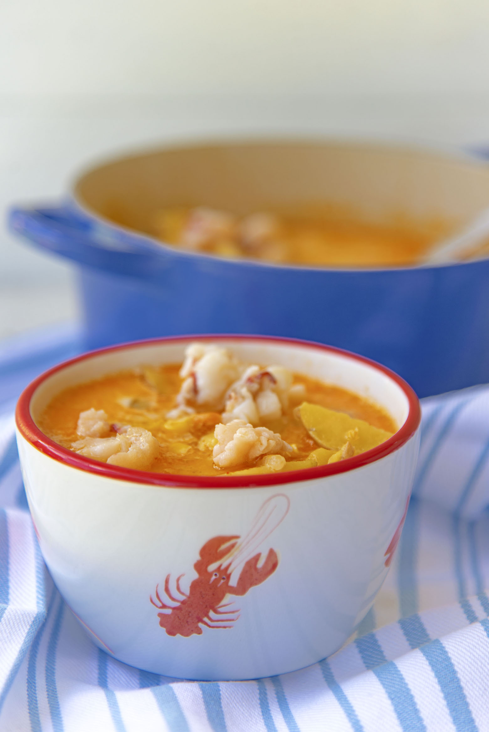 Side view of the chowder in a bowl with a lobster on it. 