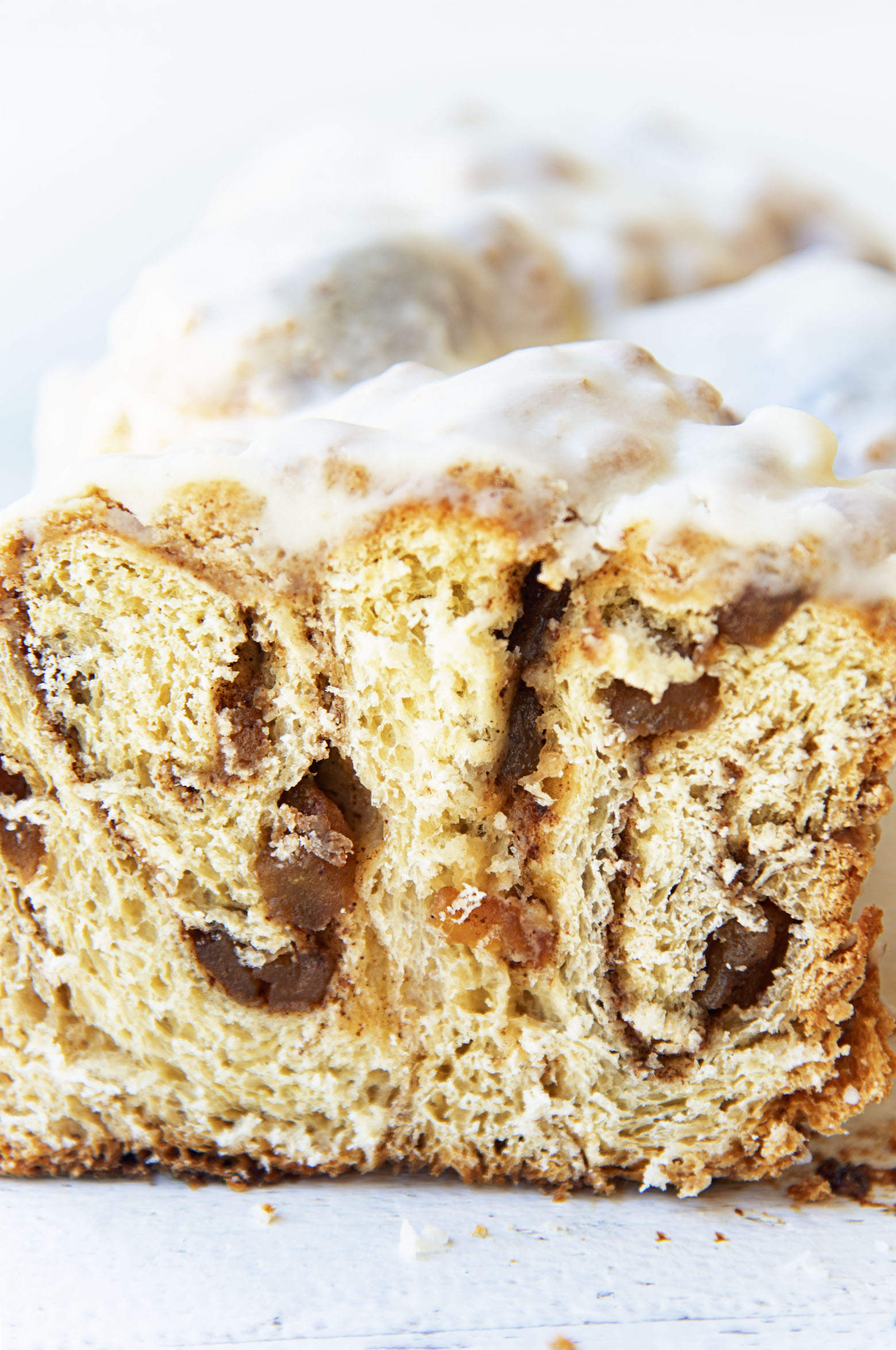 Close up of the interior of the sliced Apple Crumb Cinnamon Roll Loaf.