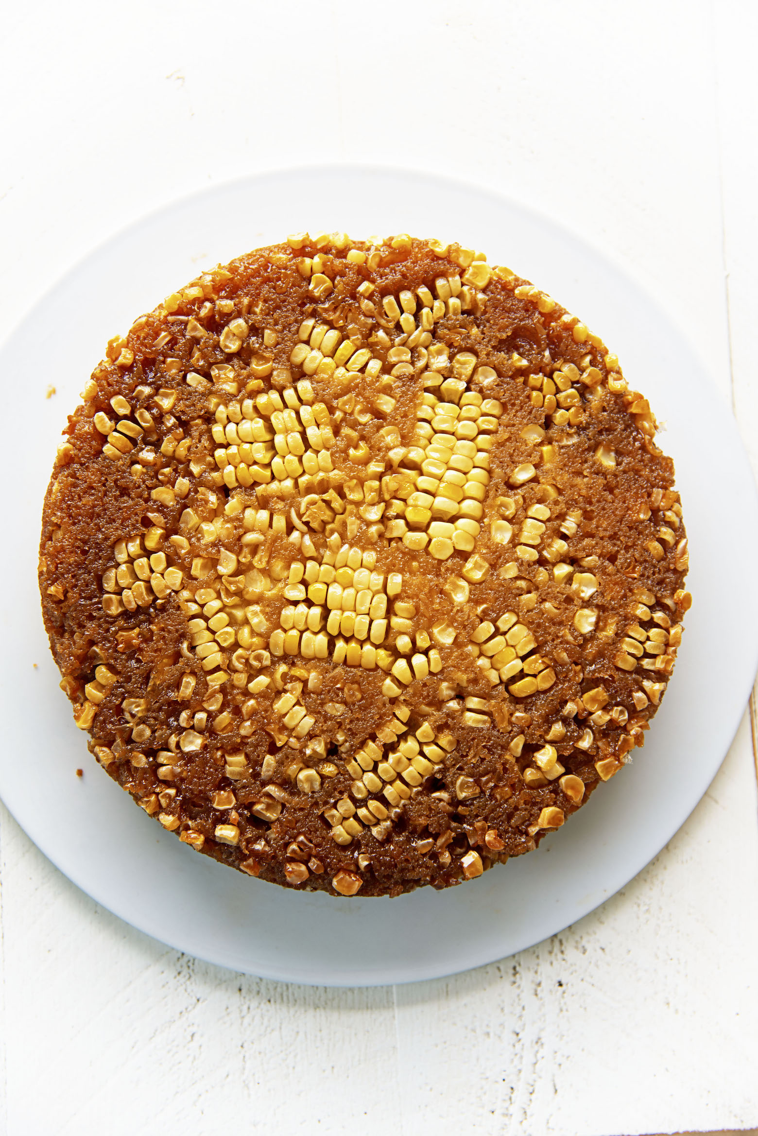 Overhead shot of the upside down cake showing the sweet corn pattern.