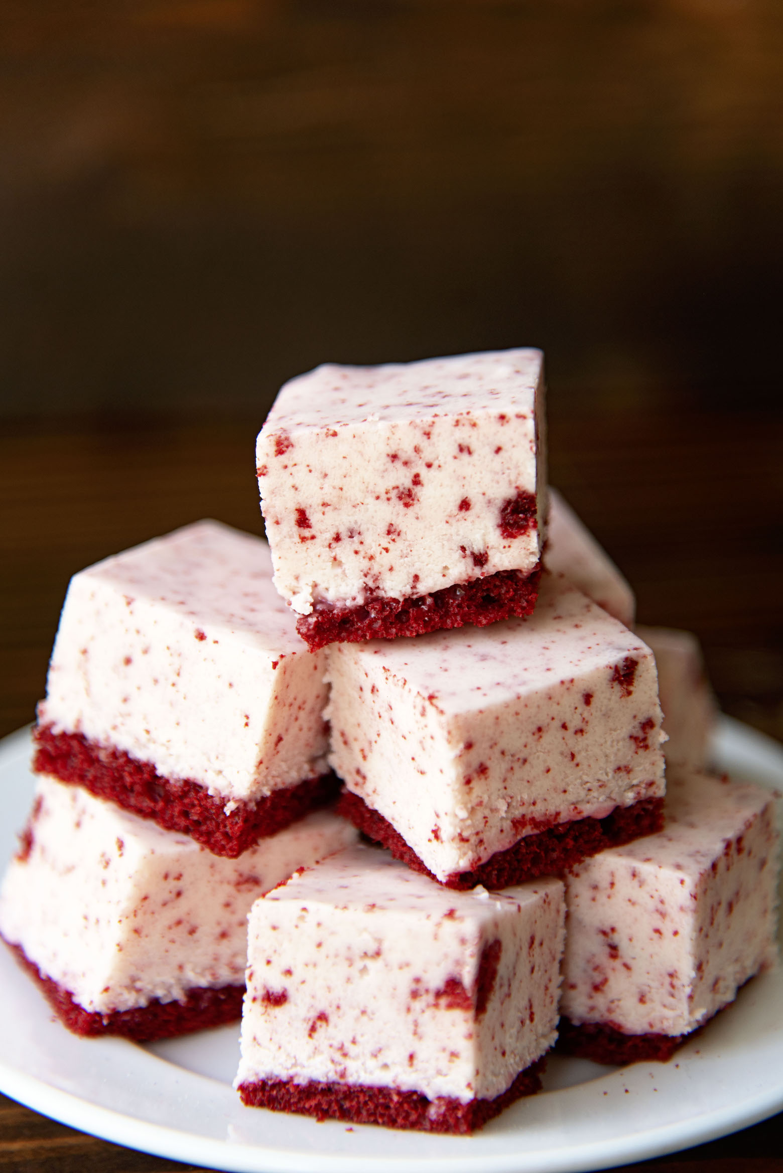Close up of stacked up Cream Cheese Red Velvet Fudge