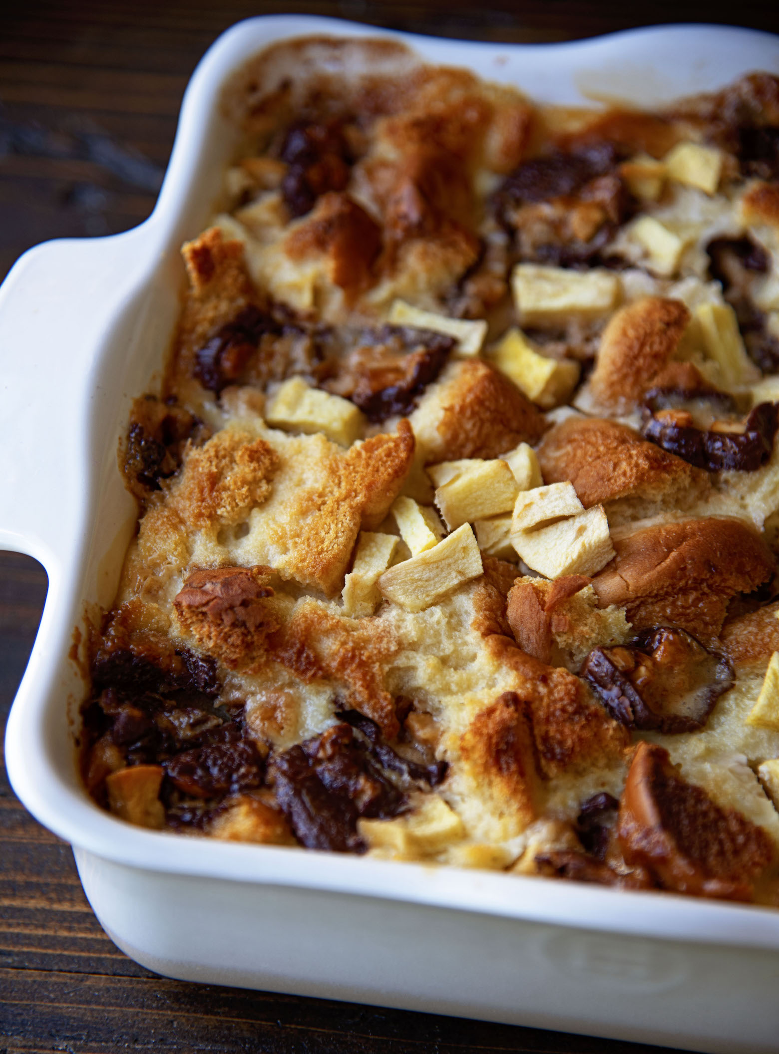 Pan of Apple Candy Bar Bread Pudding