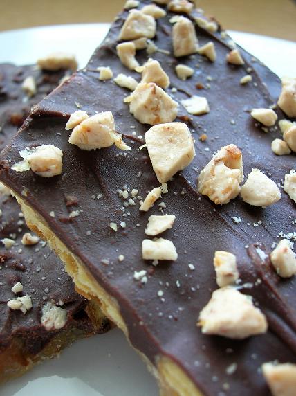 Close up of the toffee pieces on top of the chocolate.