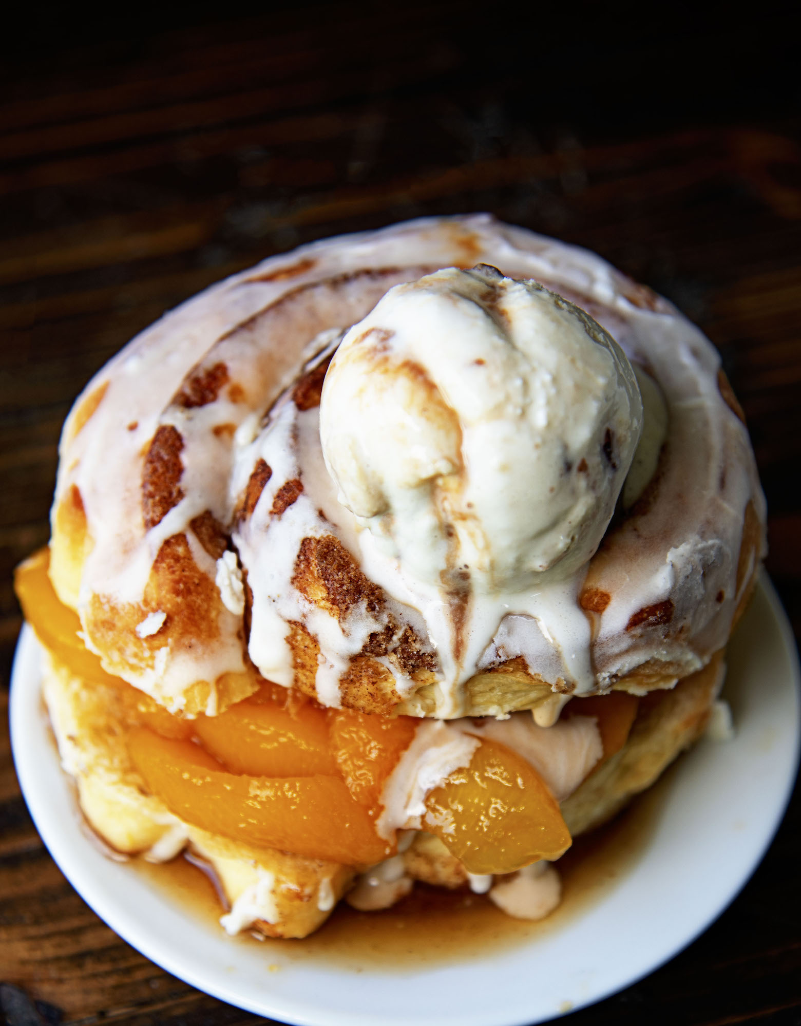 Overhead view of the shortcake with focus on the ice cream on top. 