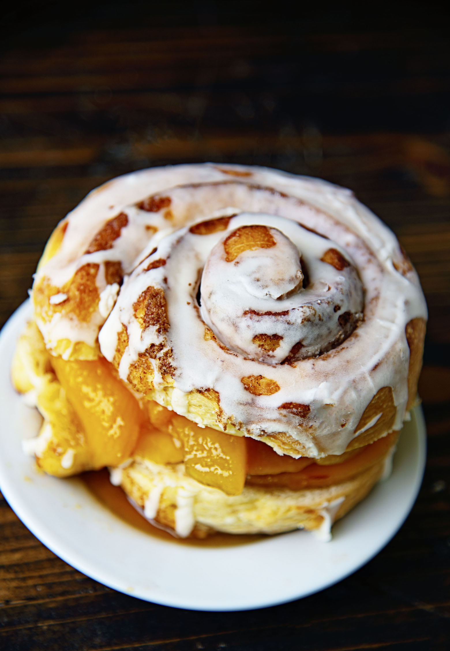 Overhead view of the shortcake with the focus on the top of the cinnamon roll swirl.