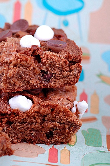 Side view of two S'mores Graham Cracker Blondies stack on top of each other. 