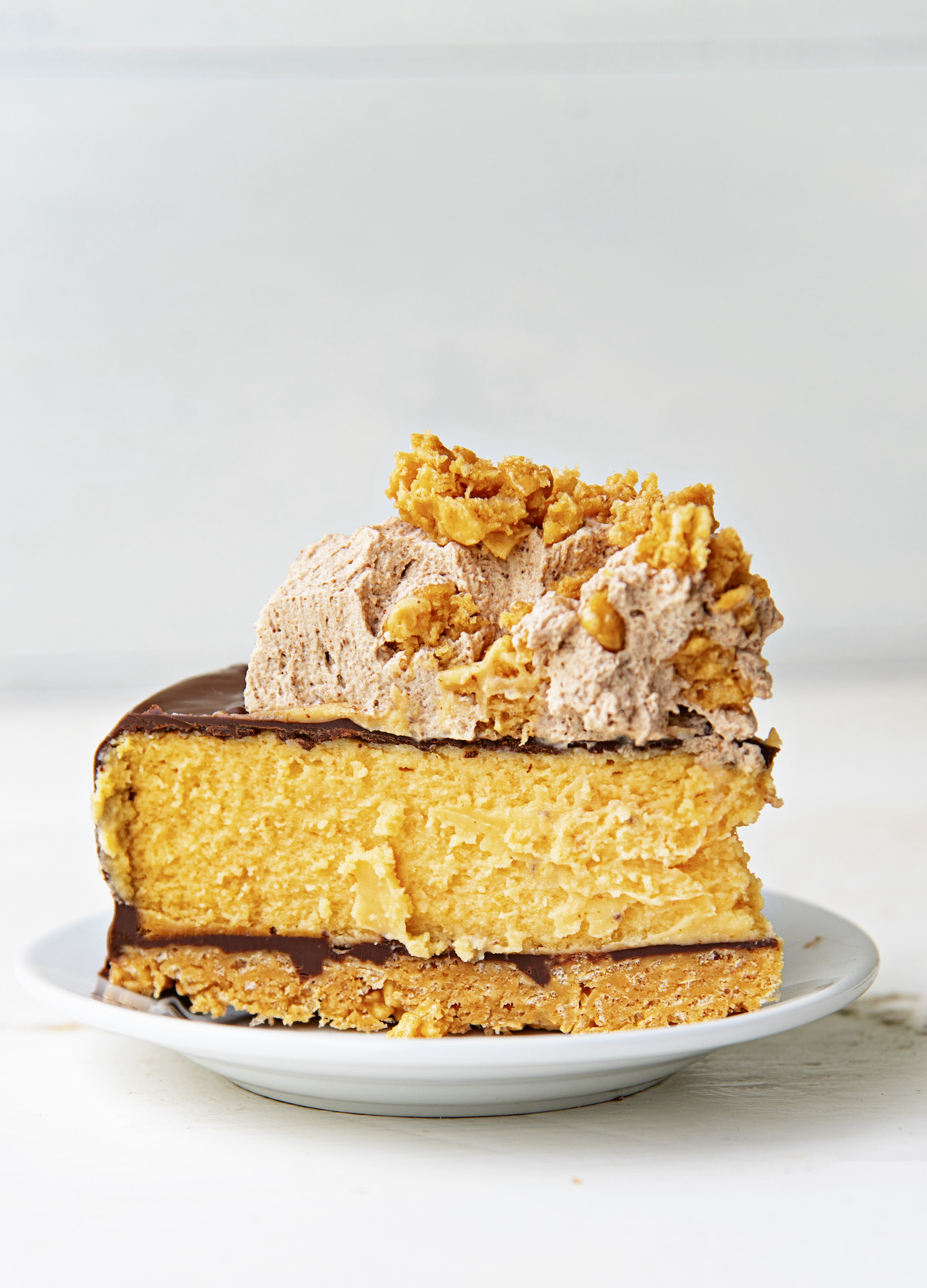 Side view of a single slice of the cheesecake on a small white plate. Coated in chocolate and topped with chocolate butterscotch whipped cream and extra scotcharoo pieces. 