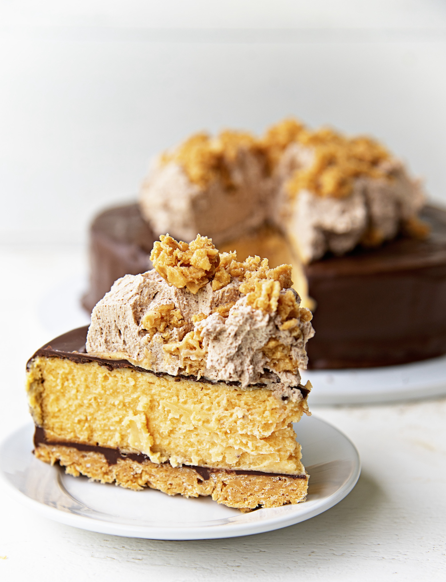 Side view of a single slice of the cheesecake on a small white plate. Coated in chocolate and topped with chocolate butterscotch whipped cream and extra scotcharoo pieces. With the remaining cheesecake in the background. 