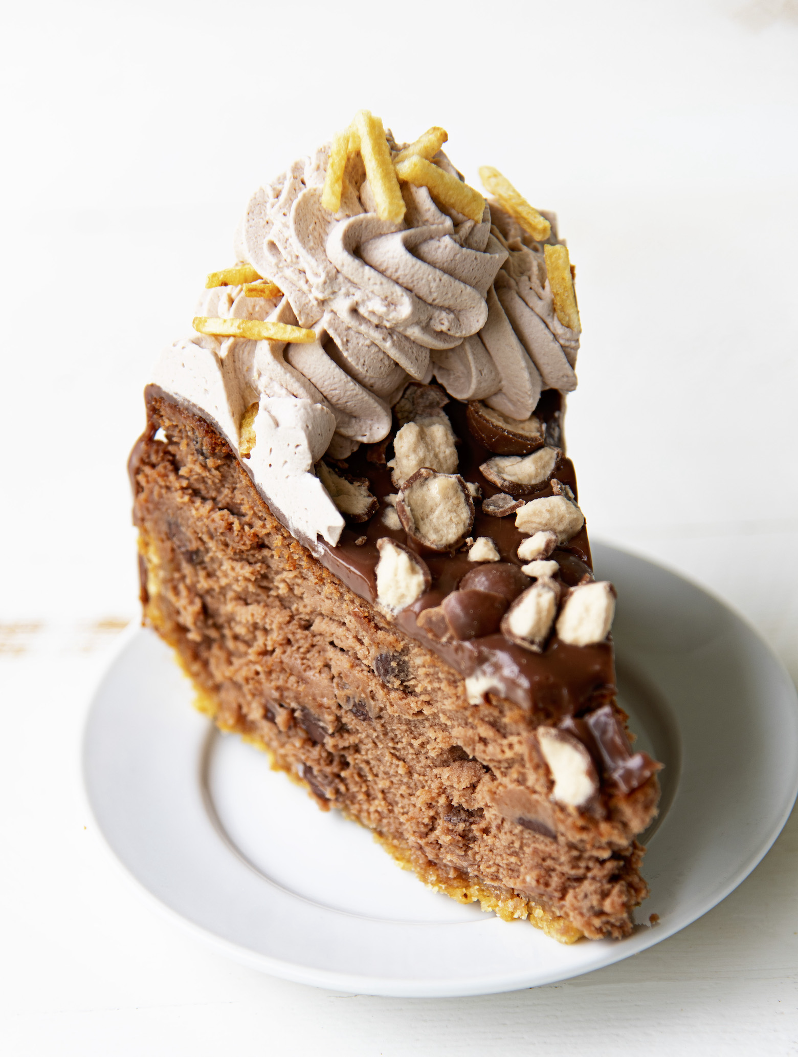 Slice of Chocolate Malt French Fry Cheesecake on a small white plate with white background. 