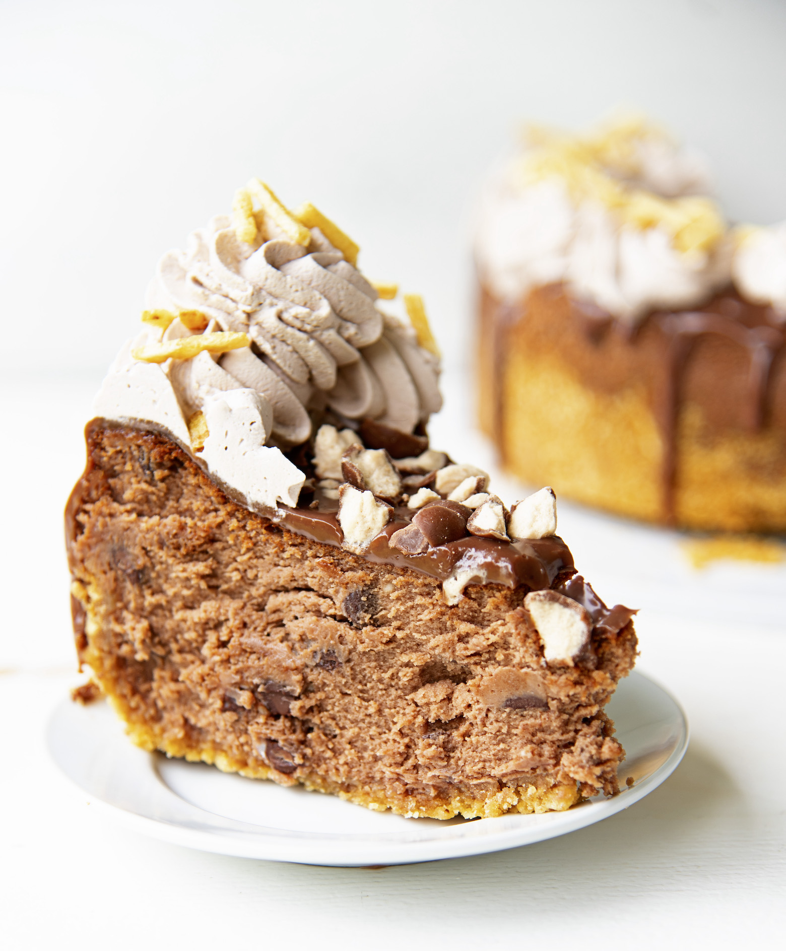 Side shot of a single piece of Chocolate Malt French Fry Cheesecake on a small white plate with remaining cheesecake in the background. 