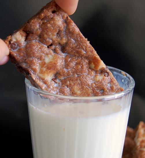 Piece of shortbread being dunked into a glass of milk