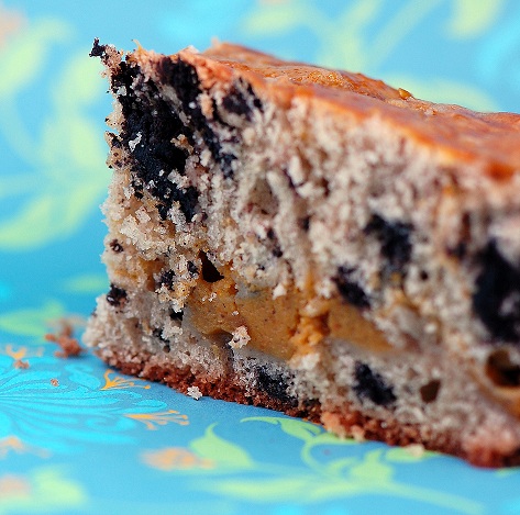 Side view of the cake showing the Oreo pieces and pumpkin mixture. 