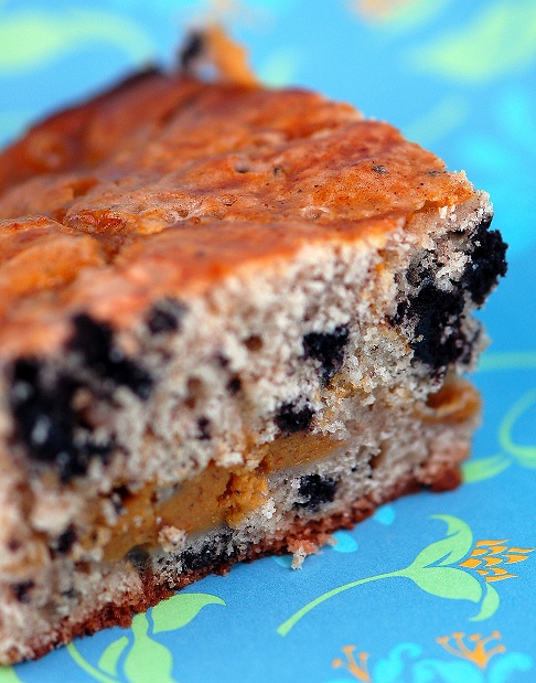 Close view of the cake showing the Oreo pieces and pumpkin mixture.