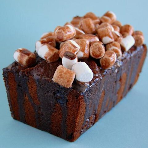 Hot Chocolate Loaf Cake with Marshmallows and Cocoa Glaze