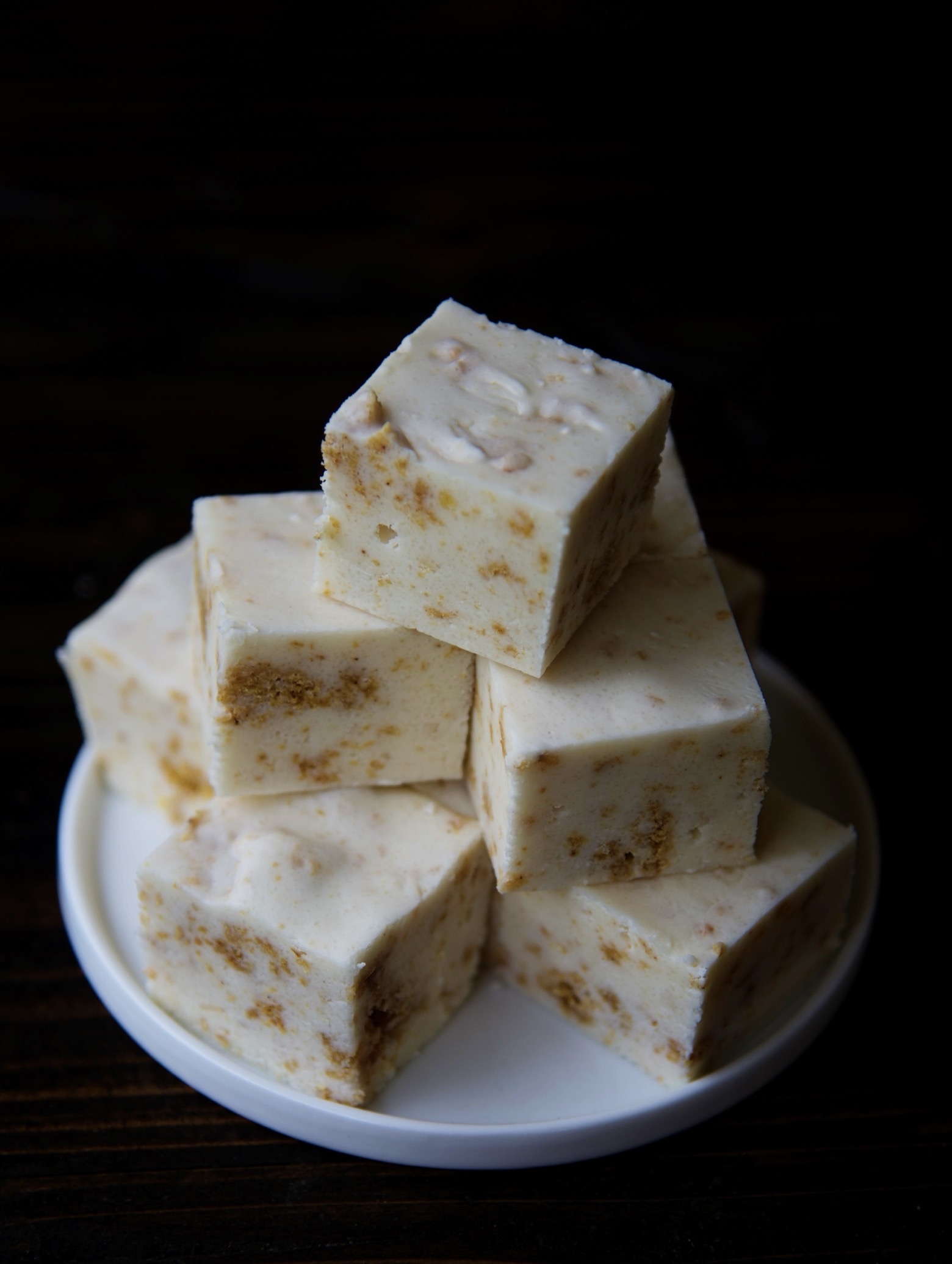 Overhead view of a small plate of the Pumpkin Roll Fudge.