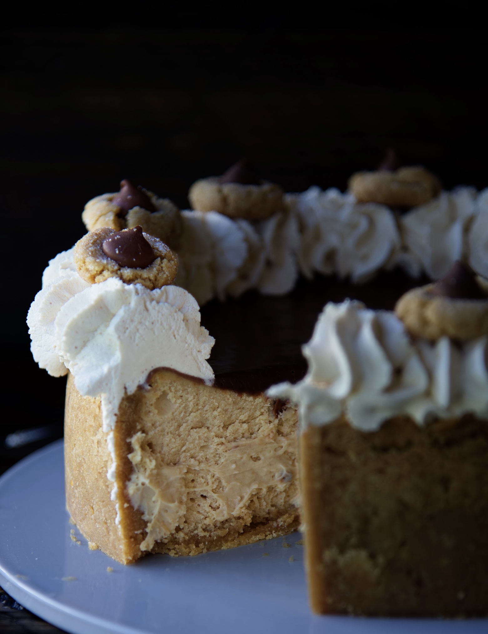 Side view of cheesecake with a piece cut out of it exposing the filling. 